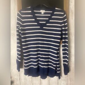 J.Crew Sweater Women’s XXSmall Blue White V-Neck Long Sleeve Striped Preppy